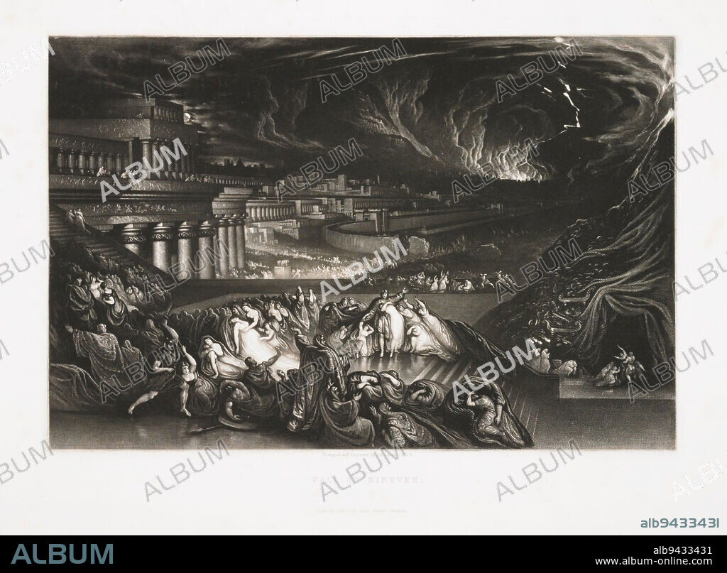 Fall of Nineveh, 1835 (1838 edition), John Martin; Publisher: Charles Tilt, British, 1789 - 1854, 7 1/2 x 11 3/8 in. (19 x 28.9 cm) (image), Mezzotint and etching, England, 19th century, Despite Jonah's preaching, the Ninevites resumed their depravity, with cataclysmic results. As told in the Book of Nahum, the Tigris burst its banks and devoured Nineveh, capital of the Assyrian Empire. John Martin used the smoky tonalities of mezzotint to depict a swirling, seething Day of Judgment in which the women seem to melt in the searing totality of God's fury.