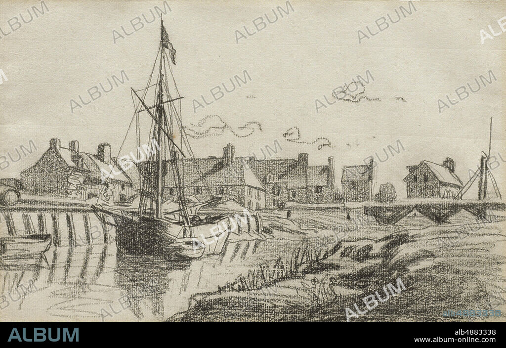 Claude Monet, French, 18401926, The Port at Touques, c. 1864, Black chalk on blued white laid paper, 8 1/4 x 13 in. (21 x 33 cm).