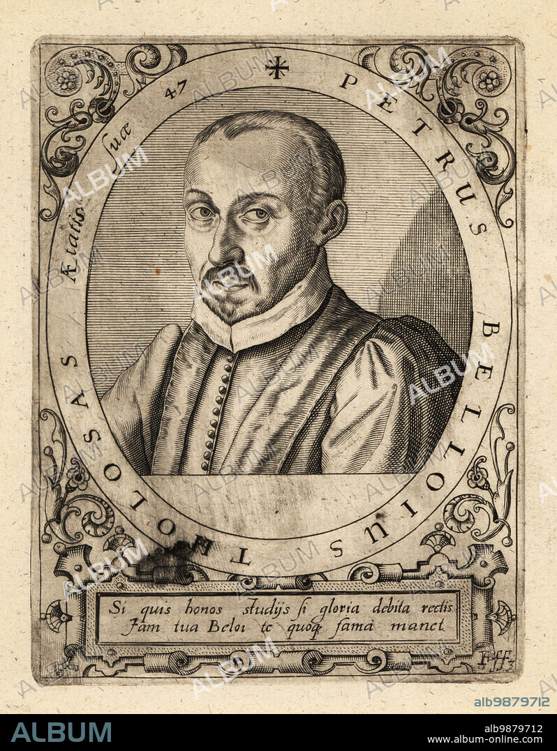 Pierre de Belloy, French jurist and magistrate, University of Toulouse, 1540-1613. Petrus Belloius Tholosas aetis suce 47. Copperplate engraving by Johann Theodore de Bry from Jean-Jacques Boissards Bibliotheca Chalcographica, Johann Ammonius, Frankfurt, 1650.