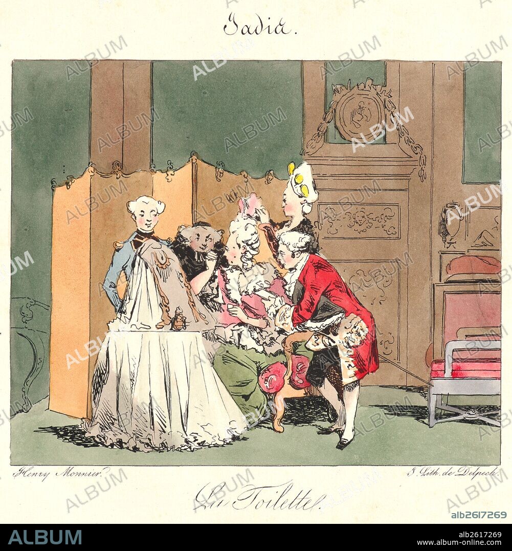 Henry Bonaventure Monnier (French, 1799/1805 - 1877). La Toilette (Jadis), 1829. From The 18th Century and Today (Jadis et Aujourd'hui). Pen lithograph with hand coloring.