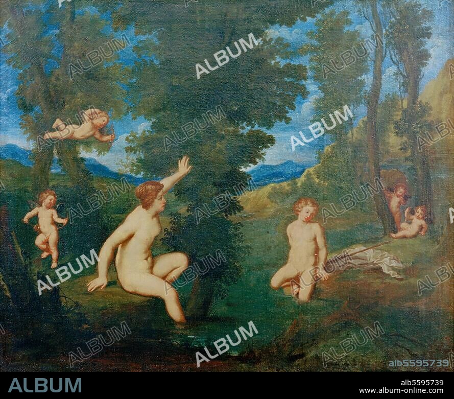 FRANCESCO ALBANI. Albani, Francesco. 1578-1660. (Werkstatt). "Die Nymphe Salmacis erblickt den badenen Hermaphroditen", nach 1633. (Ovid, Metamorphosen IV, 258-388). Auf Leinwand, 61 × 74 cm. Inv. Nr. 15.593. Oldenburg, Landesmuseum.