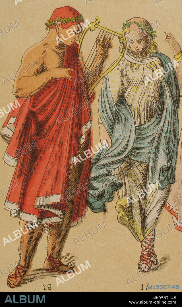 Etruscos. Músico y vestimenta de bailarina etrusca. Cromolitografía. Historia Universal, por César Cantú. Tomo II, 1881.