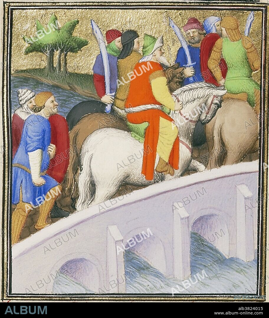 "Xerxes, King of the Persians, Crosses a Bridge with His Army," an illustration by the Boucicaut Master from c.1413-1415. This image is meant to represent the immense bridge that Xerxes I or Xerxes the Great (519-465 BC) built to invade Greece in 480 B.C., linking Asia Minor with Europe. The entire Persian army, numbering upwards of 600,000 men, crossed it on foot. Historians today believe that Xerxes's "pontoon bridge" over the Hellespont was actually made of ships linked together. According to Herodotus, Xerxes's first attempt to bridge the Hellespont ended in failure when a storm destroyed the flax and papyrus cables of the bridges, so Xerxes ordered the Hellespont (the strait itself) whipped three hundred times and had fetters thrown into the water. Xerxes's second attempt to bridge the Hellespont was successful.