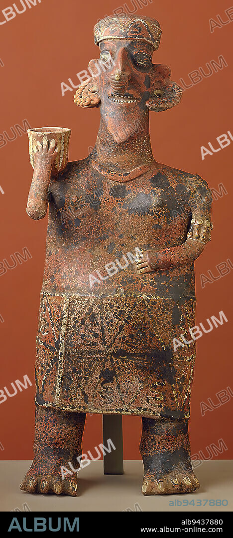 Figure, c. 100-200, 28 x 5 1/2 in. (71.1 x 14.0 cm), Clay, pigments, Mexico, 1st-2nd century, Although Nayarit sculptors are better known for their small-scale ceramics, they also created large hollow figures. This impressive example represents a woman. She is shown holding a vessel for food or drink and wears a patterned headband, skirt, and elaborate jewelry. It was likely produced as part of a pair depicting a man and a woman. Couple figures in Nayarit, Jalisco, and Colima art from West Mexico were likely more than just marriage pairs. Placed in deep shaft tombs, they may also have represented the ancestors of the deceased to watch over and care for the spirits of the departed. The living felt strong ties to their deceased relatives and wanted to make sure they were well cared for.