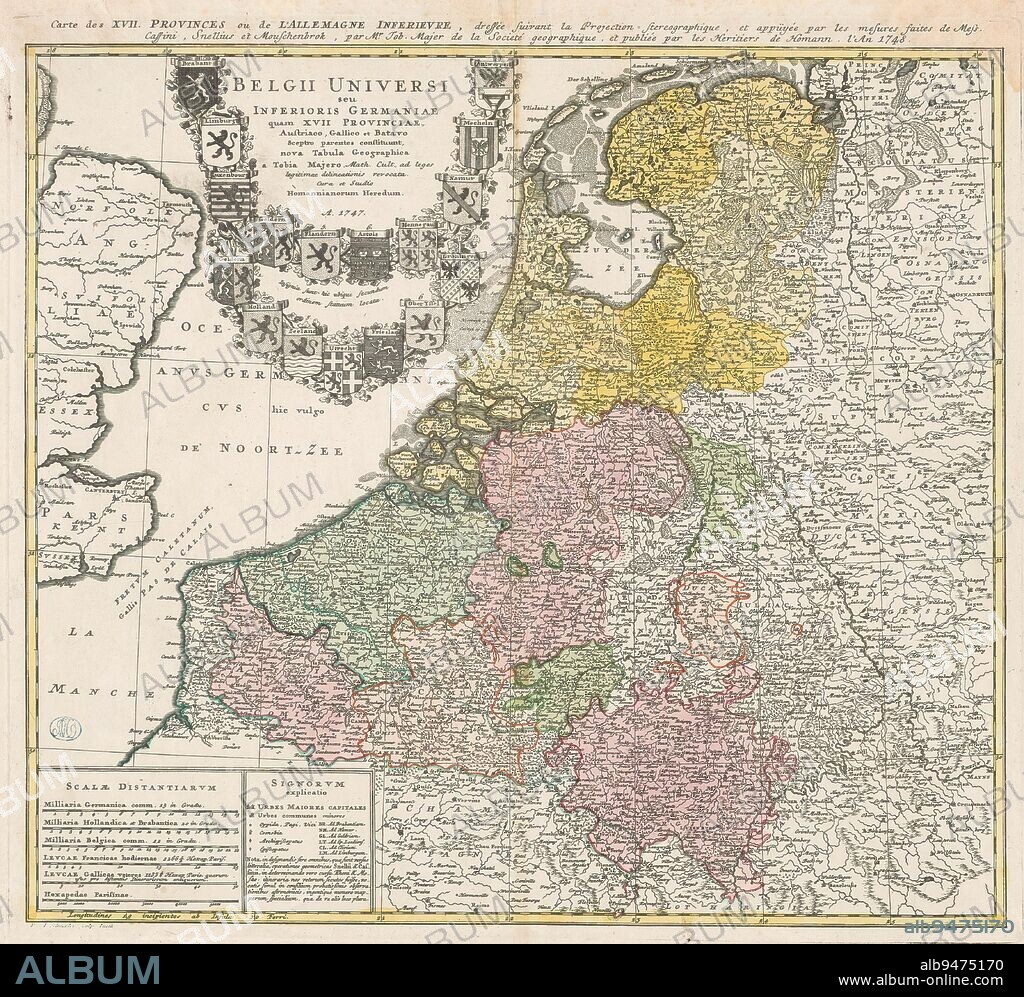 Map of the Seventeen Provinces, Belgii Universi seu Inferioris Germaniae quam XVII Provinciae ... / Carte des XVII Provinces ou de l'Allemagne Inferieure ... (title on object), Top left title surrounded by the arms of the Seventeen Provinces. Bottom left six scale bars: Milliaria Germanica comm. 15 in gradu; Milliaria Hollandia et Brabantica 20 in gradu; and four others. In addition, legend and explanatory notes. The map has a coordinate net and a degree division along the edges., print maker: Ruprecht Adam Schneider, (mentioned on object), Johann Tobias Mayer, (mentioned on object), publisher: erven Johann Baptista Homann, (mentioned on object), print maker: Fürth, Neurenberg, publisher: Neurenberg, 1747 and/or 1748, paper, engraving, height 497 mm × width 546 mm.