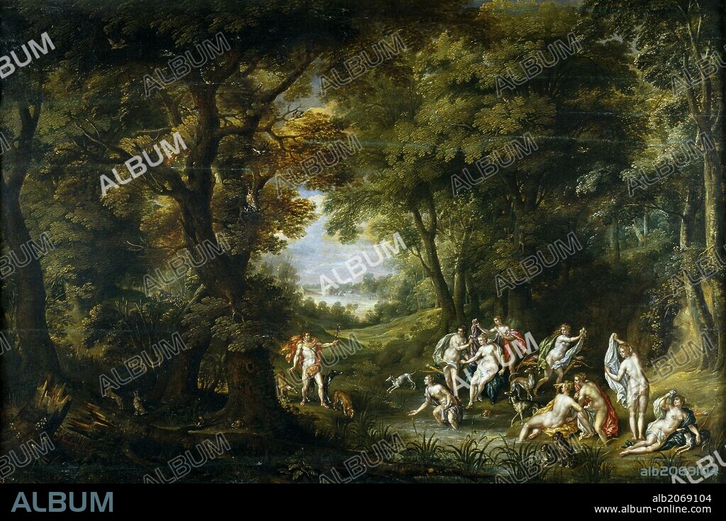 DENYS VAN ALSLOOT and HENDRICK DE CLERCK. Denis van Alsloot; Hendrik de Clerck / 'Paisaje con Diana y Acteón', ca.  1608, Flemish School, Oil on panel, 70 cm x 105 cm, P01356.