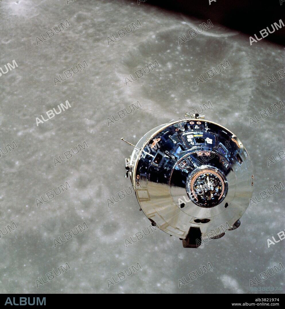 Apollo 10's Command/Service Module (CSM), nicknamed Charlie Brown, orbiting the Moon. On this mission, launched on May 18, 1969, astronaut John W. Young remained in the CSM while Thomas P. Stafford and Eugene A. Cernan flew separately in the Lunar Module.