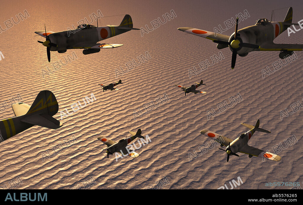 A squadron of Japanese Nakajima torpedo bombers in flight over the Pacific Ocean during World War II.