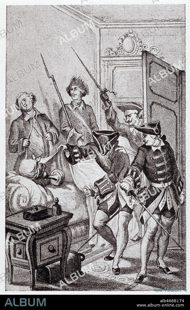 'Soldats decouvrant un mannequin dans le lit de Casanova, qui s'est echappe'. Gravure par CHAUVET illustrant les memoires de CASANOVA (1725-1798). Credit : Collection KHARBINE-TAPABOR.
