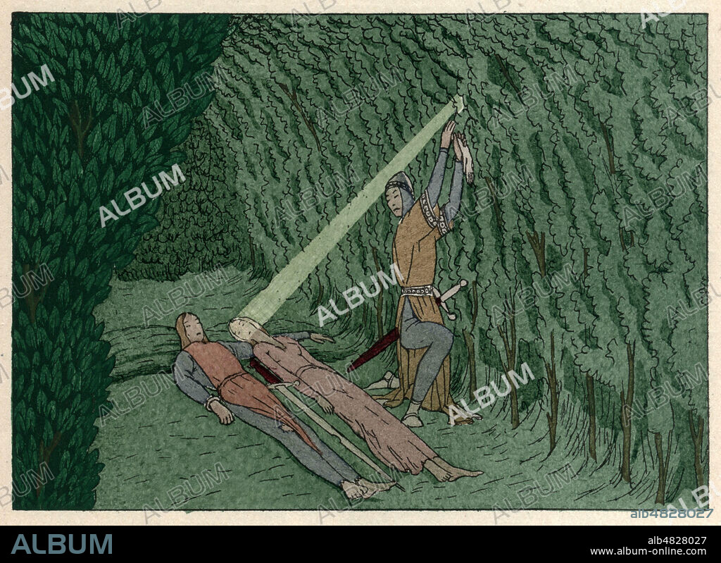 Le roi Marc surprend sa femme Iseut la Blonde et Tristan dormant avec une epee entre eux. Il place ses gants dans une ouverture de leur hutte. Illustration de 1946 par Andre MARTY (1882-1974) pour Le Roman de Tristan et Iseut par Joseph BEDIER (1864-1938). ADAGP. Credit : Collection Jonas/Kharbine-Tapabor.
