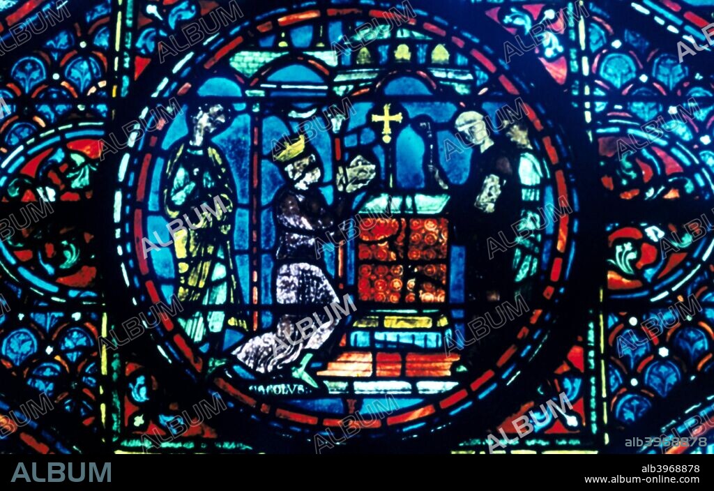 Charlemagne gives relics to the Chapel at Aix, stained glass, Chartres Cathedral, France, c1225. Detail from the Charlemagne Window.