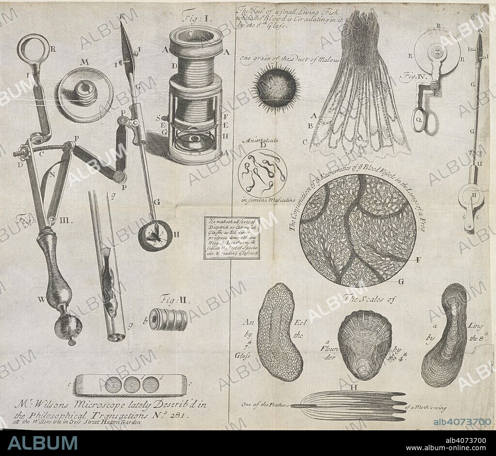 JAMES WILSON. Mr Wilsons microscope lately describ'd ...  Various examples of sea life seen under a microscope.  . The Description and manner of using Mr Wilson's Sett of Pocket-Microscopes, etc. London, 1706. Source: 538.i.30.(1) opposite title page.
