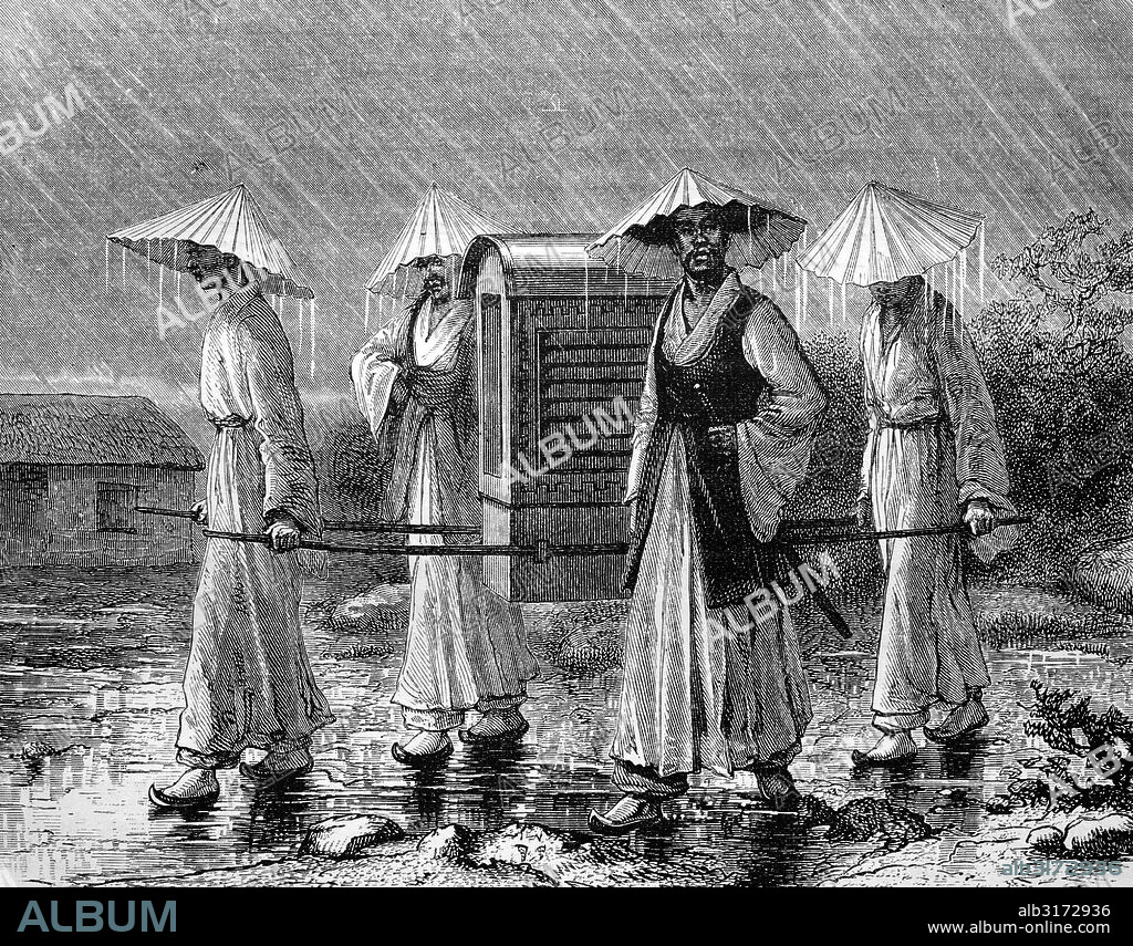 Palanquin or sedan bearers in korea, historical illustration, wood engraving, circa 1888.