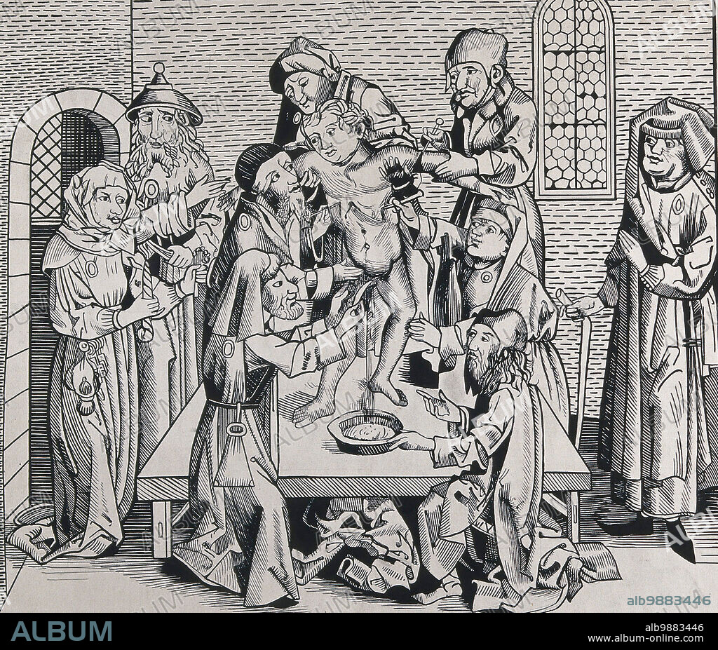 Depiction of Simon of Trento being killed and tortured by Jews, Simone da Trento, 1472-1475, was a child revered as a martyr in the Roman Catholic Church who is said to have fallen victim to a ritual murder by Jews, Historical, digitally restored reproduction from a 19th century original.