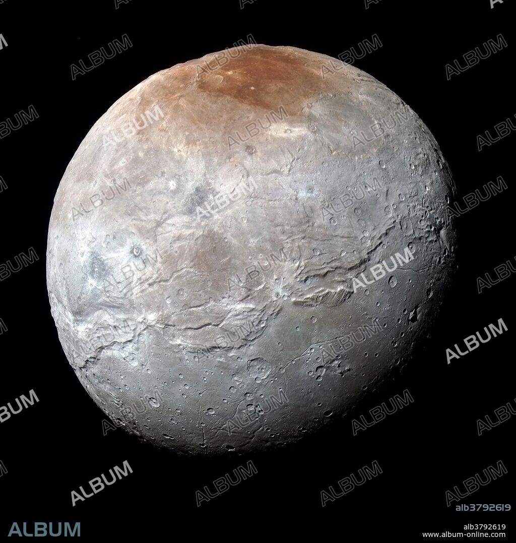Charon in Enhanced Color NASA's New Horizons captured this high-resolution enhanced color view of Charon just before closest approach on July 14, 2015. The image combines blue, red and infrared images taken by the spacecraft's Ralph/Multispectral Visual Imaging Camera (MVIC); the colors are processed to best highlight the variation of surface properties across Charon. Charon's color palette is not as diverse as Pluto's; most striking is the reddish north (top) polar region, informally named Mordor Macula. Charon is 754 miles (1,214 kilometers) across; this image resolves details as small as 1.8 miles (2.9 kilometers).
