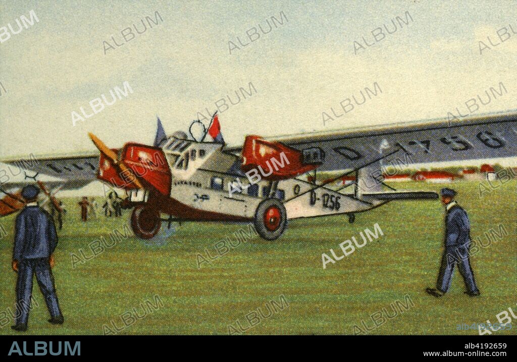 Rohrbach Roland plane, 1920s, (1932). 12-seater passenger airliner produced in Germany. From "Die Eroberung Der Luft", (The Conquest of the Air), cigarette card album produced by the Garbáty cigarette factory, 1932. Eugene and Moritz Garbáty, who were Jewish, were driven out of business by the Nazis in the late 1930s, and forced to sell their factory which lay empty for over 70 years. [Garbaty Cigarettenfabrik, Berlin-Pankow, 1932].