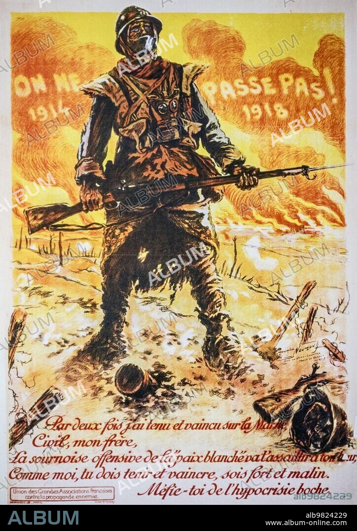 Vintage WWI propaganda poster showing French soldier from the First World War One defending France