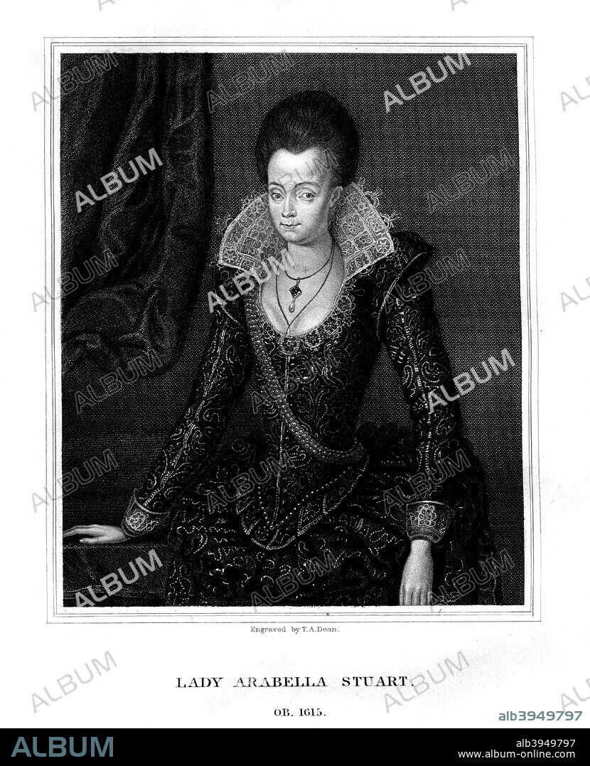 Lady Arabella Stuart, Duchess of Somerset, (1826). Portrait of Lady Arabella (1575-1615) wearing an elaborate lace ruff. The Duchess was an English Renaissance noblewoman who was considered a possible successor to Queen Elizabeth I. Her father was the brother of Henry Stuart, Lord Darnley, second King Consort of Mary I of Scotland.