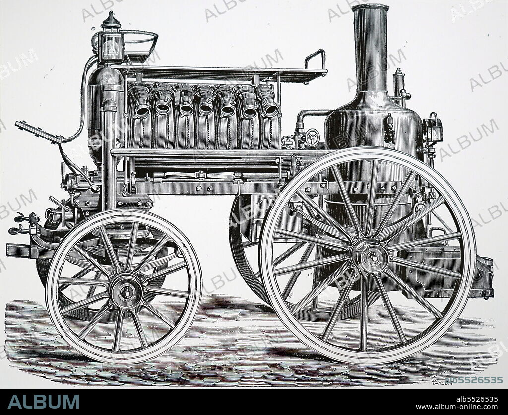 Self-propelled steam powered fire engine built by the Manchester Locomotive Works.