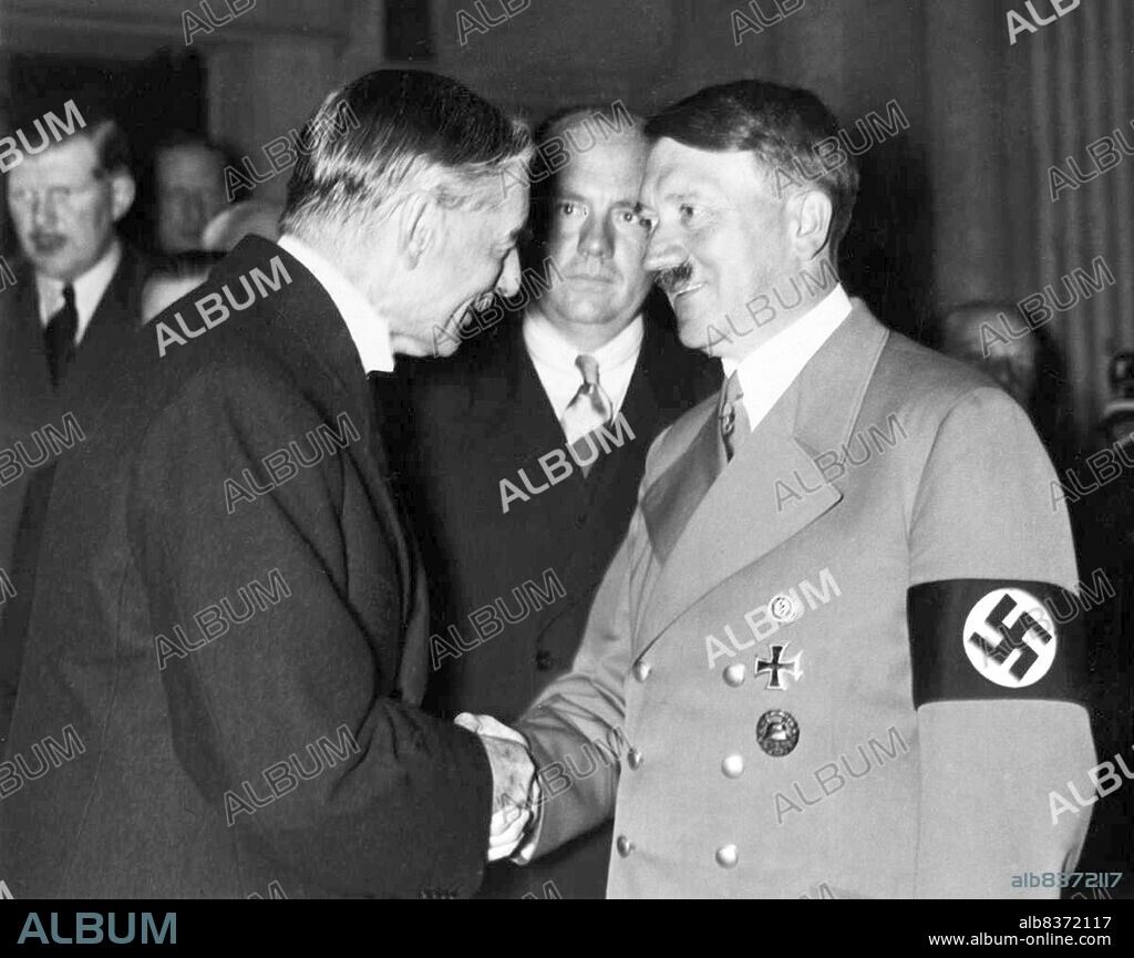 Arthur Neville Chamberlain FRS (18 March 1869 9 November 1940) was a British Conservative politician who served as Prime Minister of the United Kingdom from May 1937 to May 1940.<br/><br/>. Chamberlain is best known for his appeasement foreign policy, and in particular for his signing of the Munich Agreement in 1938, conceding the German-speaking Sudetenland region of Czechoslovakia to Germany. However, when Adolf Hitler later invaded Poland, the UK declared war on Germany on 3 September 1939, and Chamberlain led Britain through the first eight months of World War II.<br/><br/>. Adolf Hitler (20 April 1889 30 April 1945) was a German politician of Austrian origin who was the leader of the Nazi Party (NSDAP), Chancellor of Germany from 1933 to 1945, and Führer ('leader') of Nazi Germany from 1934 to 1945.<br/><br/>. As dictator of Nazi Germany he initiated World War II in Europe and was a central figure of the Holocaust.