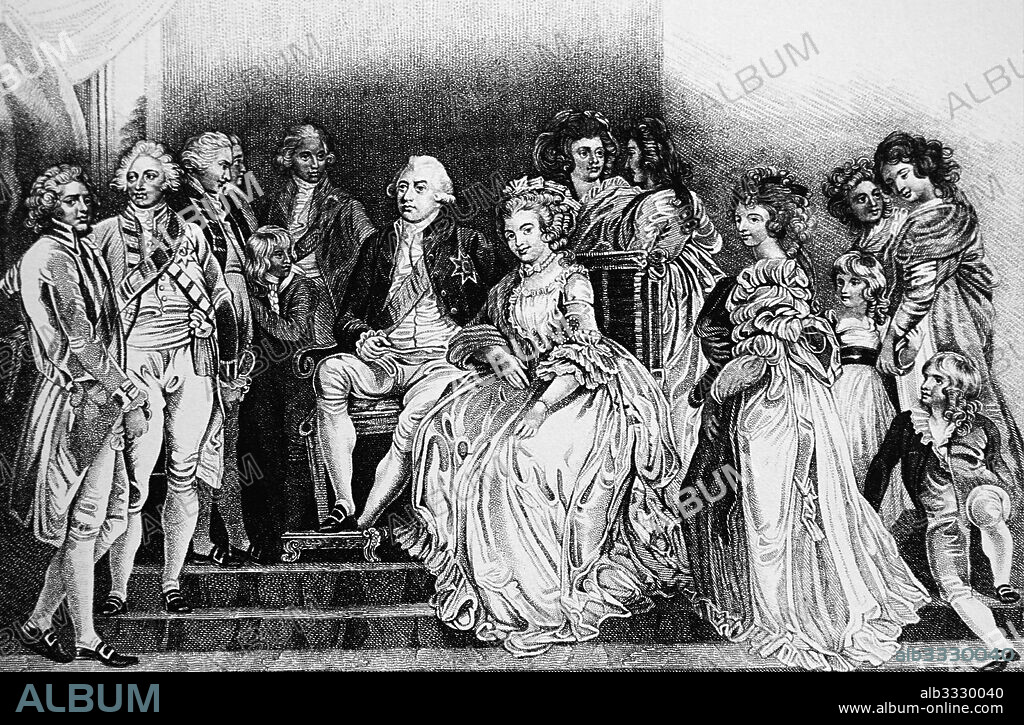 Illustration depicting King George III (1738-1829) with his Consort Charlotte Sophia (1744-1818) and their family, including King George VI (1762-1830). Dated 19th Century.