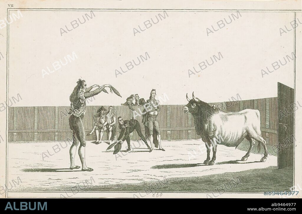 Bullfighter with banderillas, Coleccion de las principales suertes de una corrida de toros (series title on object), Collection of the main maneuvers in bullfighting (series title), A bullfighter (torero) stands in front of a bull with two banderillas in hand. Other bullfighters and spectators in the background. Numbered upper left: VII., print maker: anonymous, after print by: Antonio Carnicero, Spain, in or after 1790, paper, etching, height 189 mm × width 293 mm.