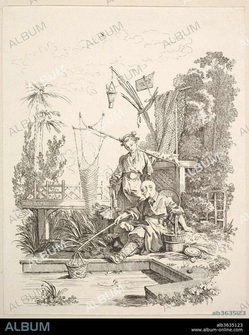 A Chinese Man and Woman Fishing by a Fishpond. Artist: After François Boucher (French, Paris 1703-1770 Paris); Gabriel Huquier (French, Orléans 1695-1772 Paris). Dimensions: Sheet (trimmed): 11 3/4 × 9 5/16 in. (29.9 × 23.7 cm). Series/Portfolio: Scenes of Chinese Life
(Scenes de la vie Chinoise). Date: 18th century.