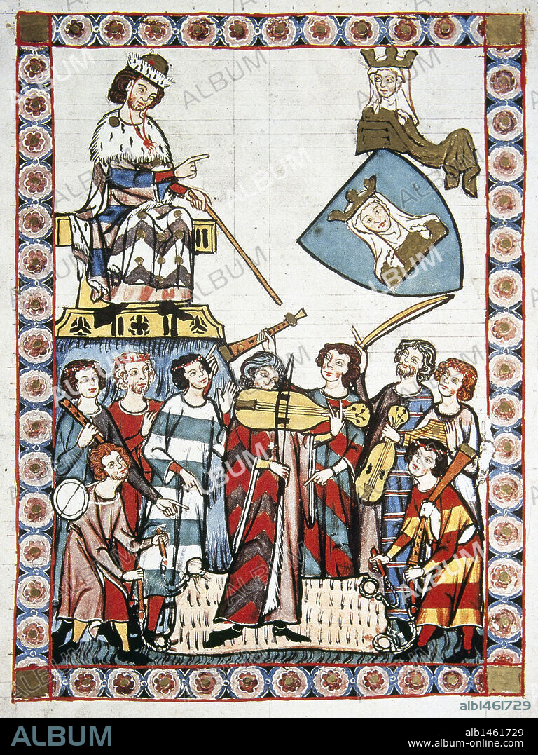 Frauenlob, German poet (d. 1318), listening to a musician. Codex Manesse (ca.1300) by Rudiger Manesse and his son Johannes. Miniature. Folio 399r. University of  Heidelberg. Library. Germany.