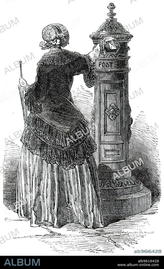 New Letter-Box, at Paris, 1850. 'The reduction of the rate of postage in France has suggested the adoption of a new form of Letter-box from Belgium, a specimen of which has been erected in the Rue de la Paix, at Paris. It consists of a bronzed columnar design raised upon a granite socle; the opening for the receipt of the letters being in the upper portion of the column, and having a projection to keep out the rain; a door for the removal of the letters being provided towards the base'. From "Illustrated London News", 1850.