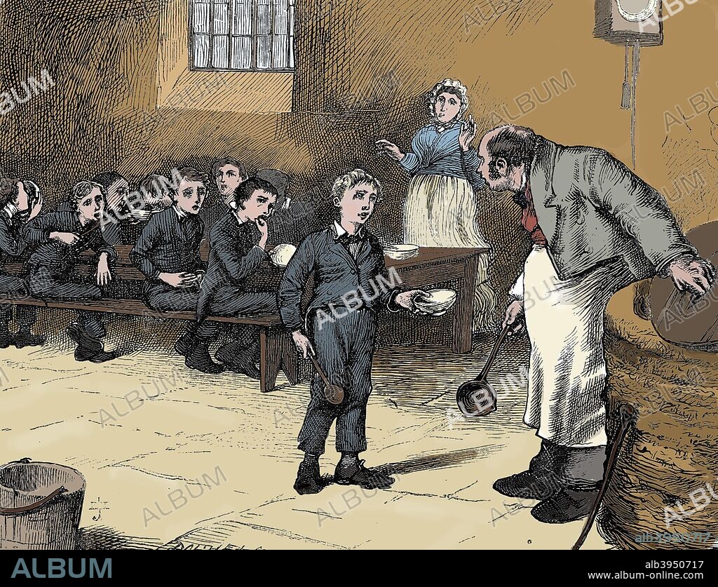 Scene from Oliver Twist by Charles Dickens, 1871. Oliver Twist causes a sensation in the children's ward of the workhouse by asking for a second helping of porridge. In the background his starving companions polish their bowls and spoons in their hunger. From the Household Edition of The Adventures of Oliver Twist by Charles Dickens. (London, 1871). Originally published 1836-1837.Scene from Oliver Twist by Charles Dickens, 1836. Oliver Twist causes a sensation in the children's ward of the workhouse by asking for a second helping of porridge. In the background his starving companions polish their bowls and spoons in their hunger. From Oliver Twist by Charles Dickens. (London, 1837-1838).  (Colorised black and white print).