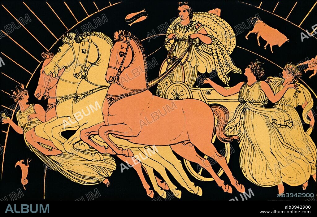 'The Horses of the Morning', 1880. In Greek mythology, Eos is a Titaness and the goddess of the dawn, who rose each morning from her home at the edge of the Oceanus. Eos had a brother and a sister, Helios, god of the sun, and Selene, goddess of the moon. From Stories from the Greek Tragedies by the Rev. Alfred J. Church, M.A. [Seeley, Jackson, & Halliday, London, 1880].