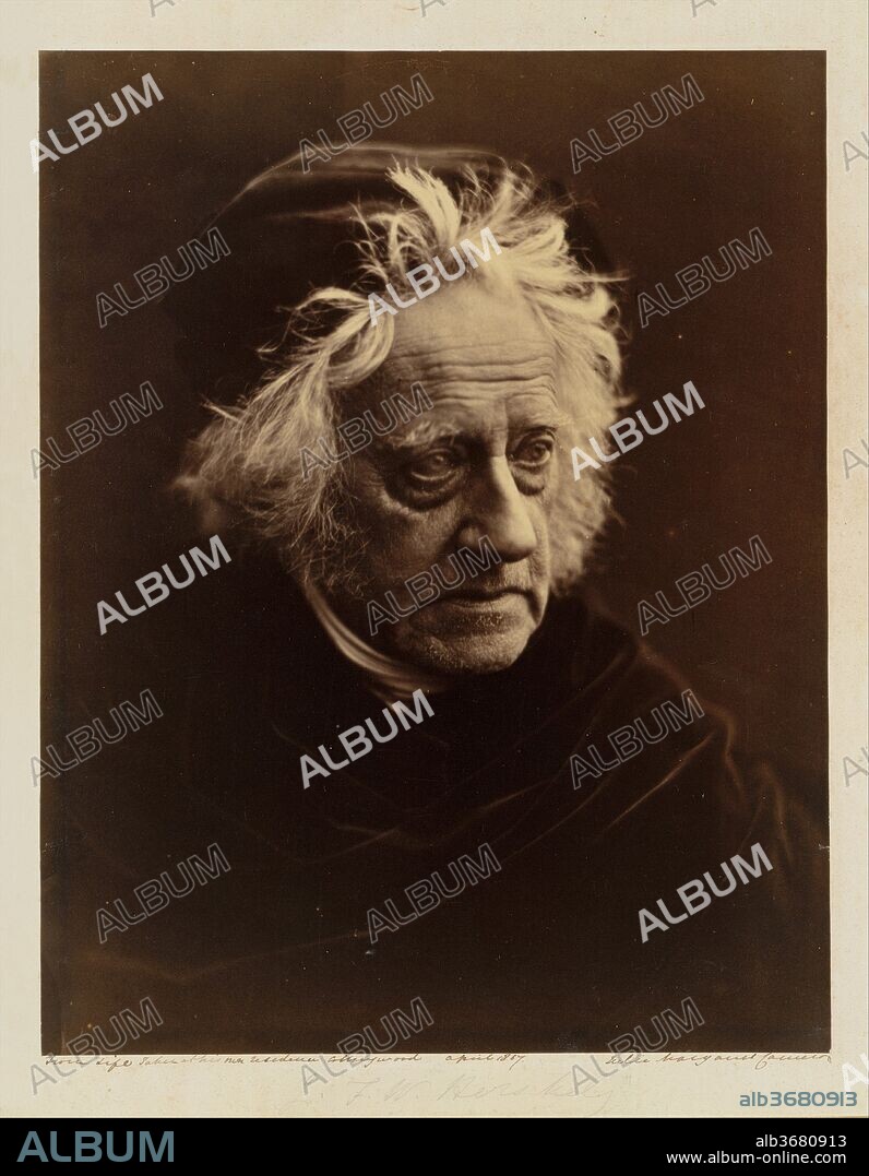 Sir John Herschel. Artist: Julia Margaret Cameron (British (born India), Calcutta 1815-1879 Kalutara, Ceylon). Dimensions: Image: 31.8 x 24.9 cm (12 1/2 x 9 13/16 in.)
Mount: 39.9 x 32.9 cm (15 11/16 x 12 15/16 in.), corners clipped. Date: April 1867.
Sir John Herschel (1792-1871) was Victorian England's preeminent scientist, astronomer, and mathematician, considered the equal of Sir Isaac Newton. Cameron met him in 1836 in Capetown, South Africa, where she was recuperating from illness and he was charting the stars of the southern hemisphere and recording the native flora. Just a few years later Herschel wrote to her in Calcutta of Henry Talbot's invention of photography and sent her the first photographs she had ever seen--scientific discoveries that were "water to the parched lips of the starved," she recalled. Of her 1867 portraits of Herschel, she wrote: "From my earliest girlhood I had loved and honoured him, and it was after a friendship of 31 years' duration that the high task of giving his portrait to the nation was allotted to me," sounding a bit as though she were working on a divine commission rather than on a personal, spiritual, artistic quest--with, it must be said, some incidental hope of financial profit. Of the four exposures Cameron made in April 1867, Herschel preferred this one, which portrayed him, he thought, as an "old Paterfamilias.".