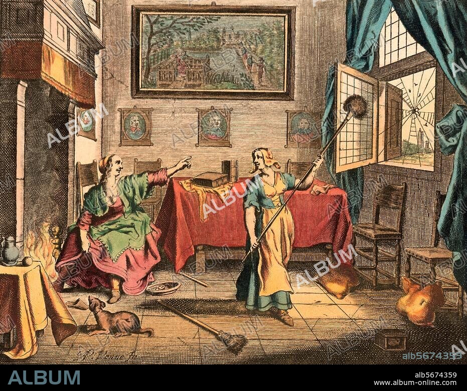ADRIAEN PIETERSZ. VAN DE VENNE. Housework. Domestic scene with a maid removing a spider's web. Copper engr., coloured, by Adrian P. van de Venne (1589-1662). Illustration for a Dutch poem: "Des menschen leven en bedrijf vergeleecken met een Spinne". Pl. 11.3 × 14cm. Berlin, Sammlung Archiv für Kunst und Geschichte.