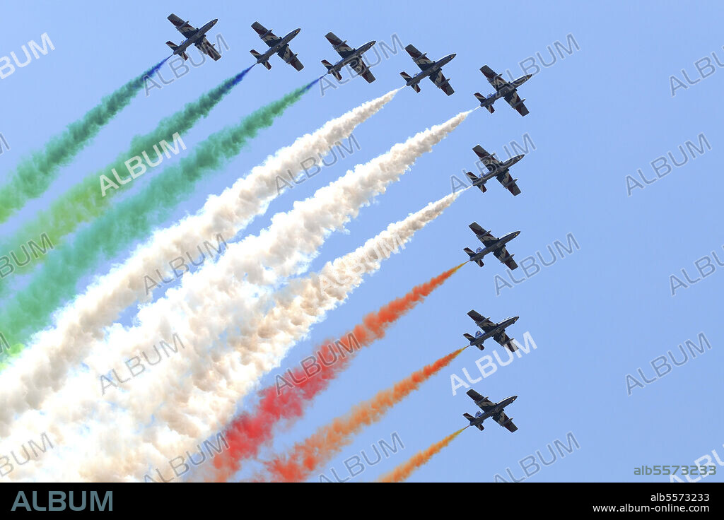 Italian Air Force aerobatic team Frecce Tricolori performing at Izmir Air Show in Turkey, during the 100th Anniversary of the Turkish Air Force.