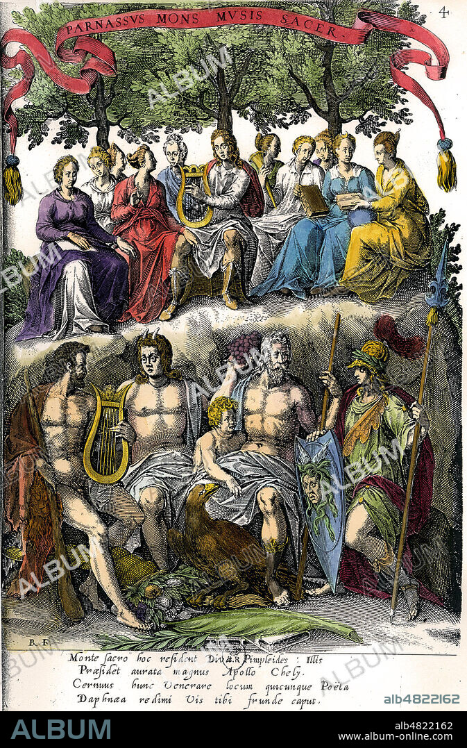 MYTHOLOGIE : le MONT PARNASSE sur les hauteurs de DELPHES, avec en haut APOLLON , Mnemosyne et les neufs muses, ainsi que des dieux en dessous, Zeus avec son aigle au milieu, a droite Persee avec son bouclier a tete de MEduse, a gauche de Zeux Dionysos (Bacchus) et Herakles (HErcule). Gravure francaise du 17eme siecle mise en couleurs par nos soins. Credit KHARBINE TAPABOR.