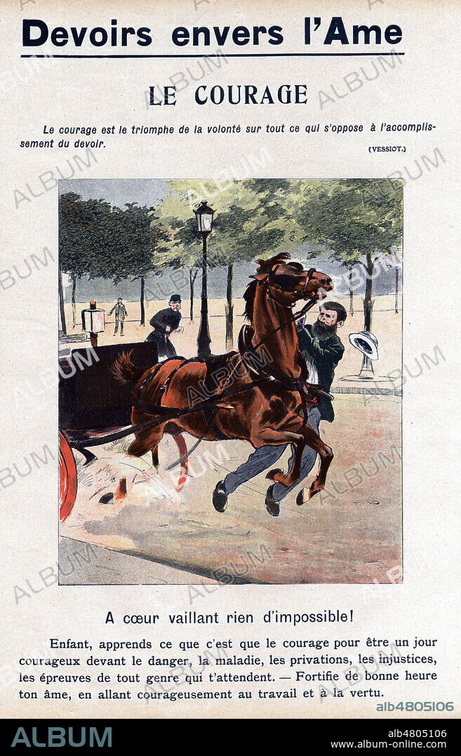 Devoirs envers l'ame. Le courage. A coeur vaillant rien d'impossible. (Homme arretant un cheval au galop). Illustration anonyme de 1902 pour Ce que m'a dit Grand-Papa. Credit : Collection Jonas/Kharbine-Tapabor.
