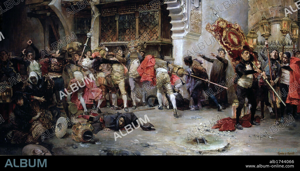 ARTE S. XIX. ESPAÑA. GARCIA RAMOS, José (Sevilla,1852-1912). Pintor español. Su obra se basa en la pintura de género de temas andaluces. "EL ROSARIO DE LA AURORA". Lienzo ejecutado en Roma entre 1878 y 1880. Museo de Bellas Artes. Buenos Aires. Argentina.