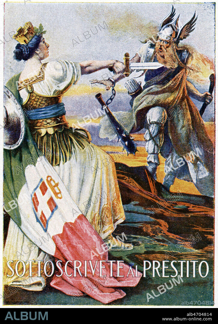 Sottoscrivete al prestito. (Souscrivez pour la Victoire). Affiche italienne de 1917 illustree par Giovanni CAPRANESI (1852-1921) . (L'Italie menace le barbare germain avec son glaive). Credit : Collection Grob/KHARBINE-TAPABOR.