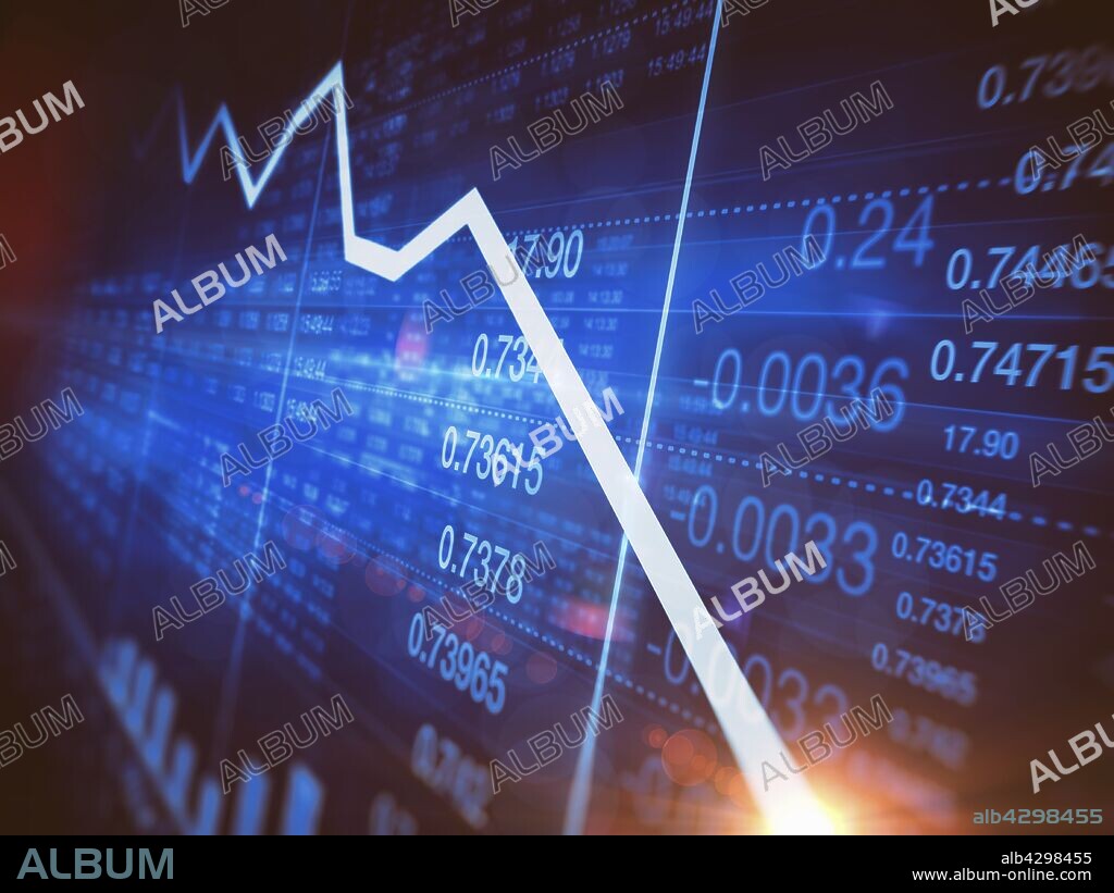 Decreasing line graph on stock market trading screen.
