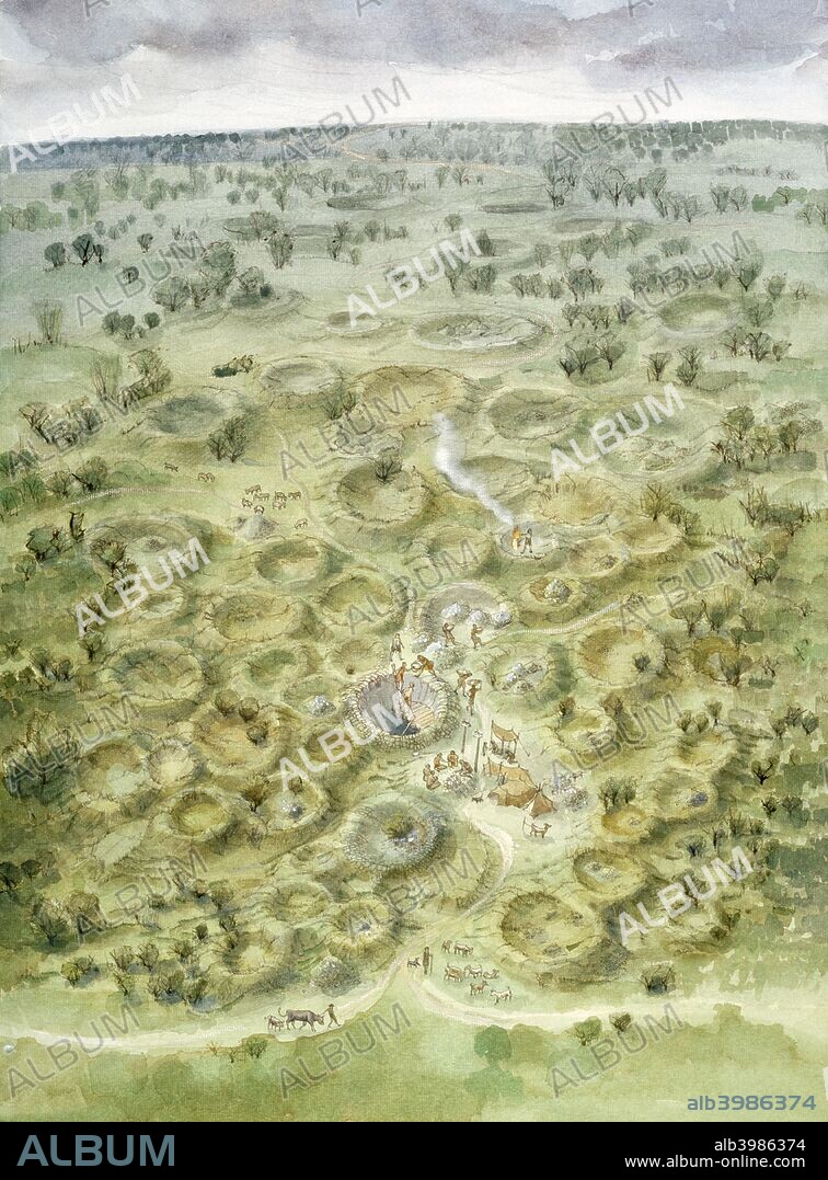 Grimes Graves, c2000 BC, (c1990-2010).  Aerial view reconstruction drawing of Grimes Graves in circa 2000 BC. A large Neolithic flint mining complex in Norfolk, England.