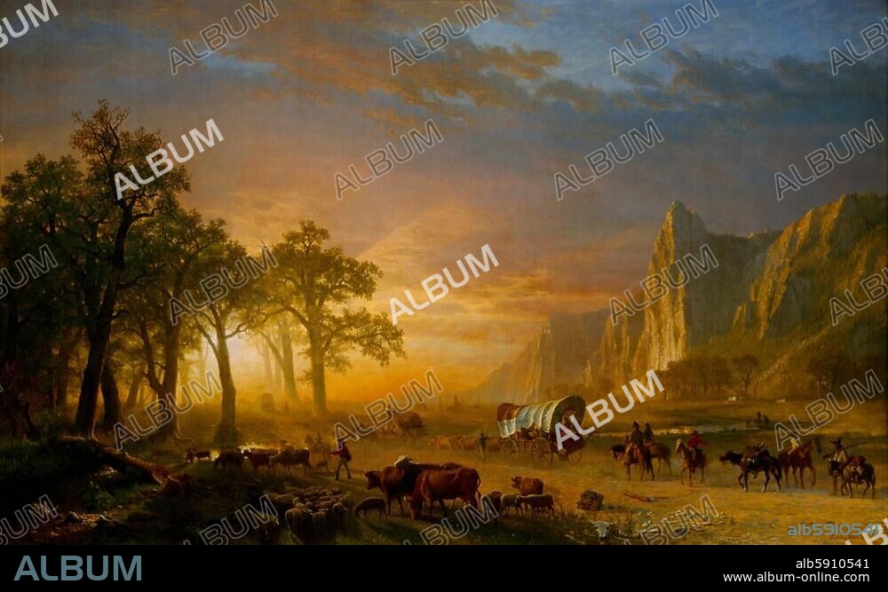 ALBERT BIERSTADT. Bierstadt, Albert. 1830-1902. "Emigrants Crossing the Plains" (Ein Siedlertreck durchzieht die Prärie), 1867. Öl auf Leinwand, 170,2 × 259,1 cm. Oklahoma, Cowboy Heritage Museum.