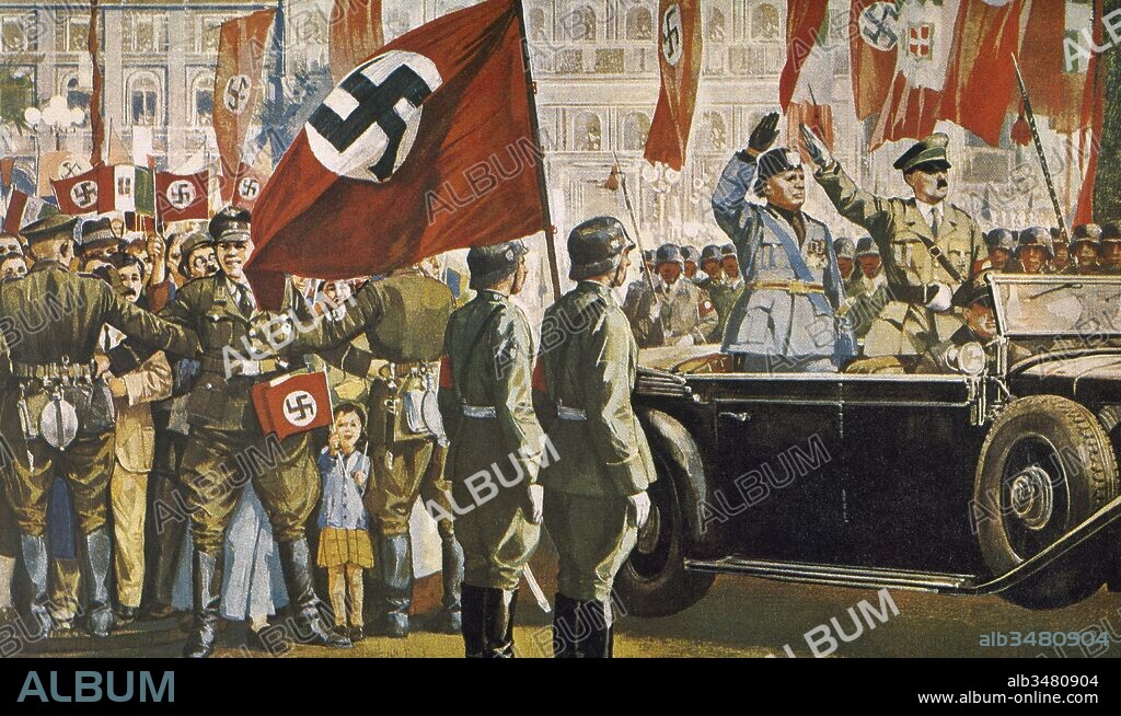 Mussolini visitando Alemania. El 25 de septiembre de 1937, Berlín recibió a Mussolini con un ceremonial impresionante. Soldados, banderas y estandartes desfilaron ante Hitler y Mussolini. Hitler necesitaba asegurarse la amistad de Italia para sus futuros planes expansionistas.