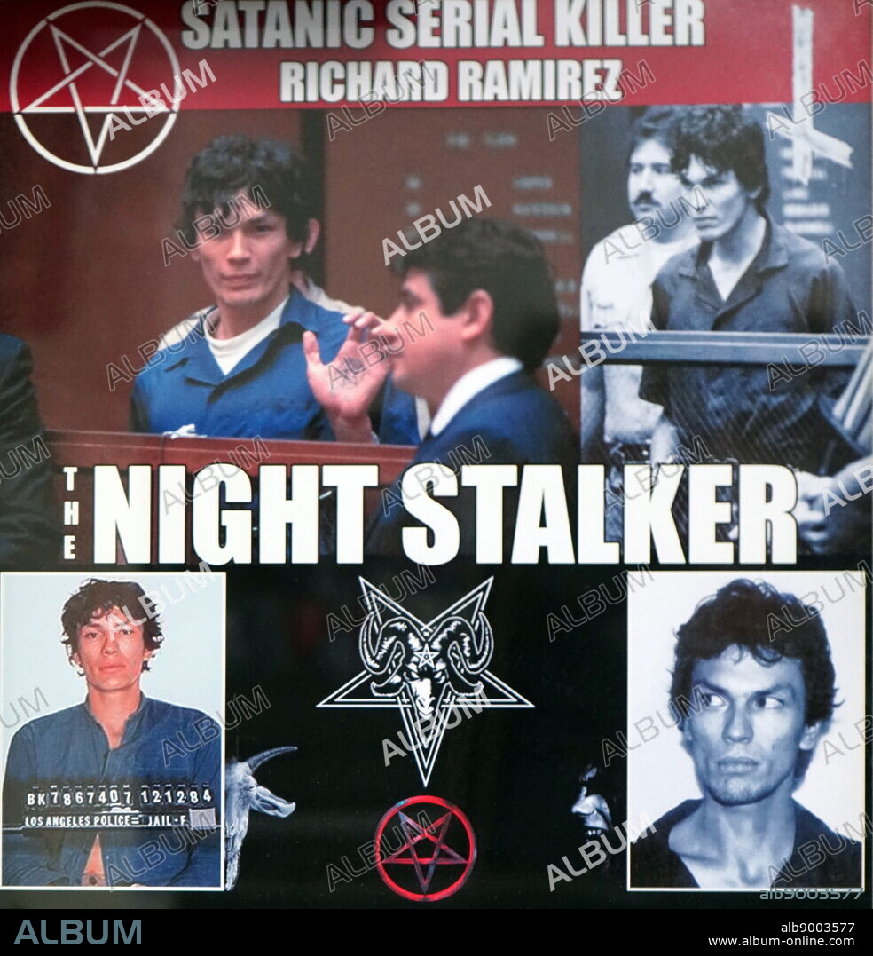 A montage of pictures and newspaper headlines on Richard Ramirez (Nightstalker). Ricardo Leyva Munoz Ramirez (1960-2013) an American serial killer, rapist, and burglar.