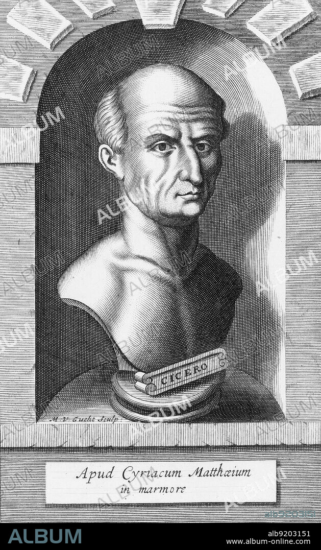 Cicero (106 - 43 BC) was a famous Roman philosopher, influential statesman, important political theorist, and one of Rome's greatest orators and prose stylists. Frontispiece engraving by Michael van der Gucht, 1702.