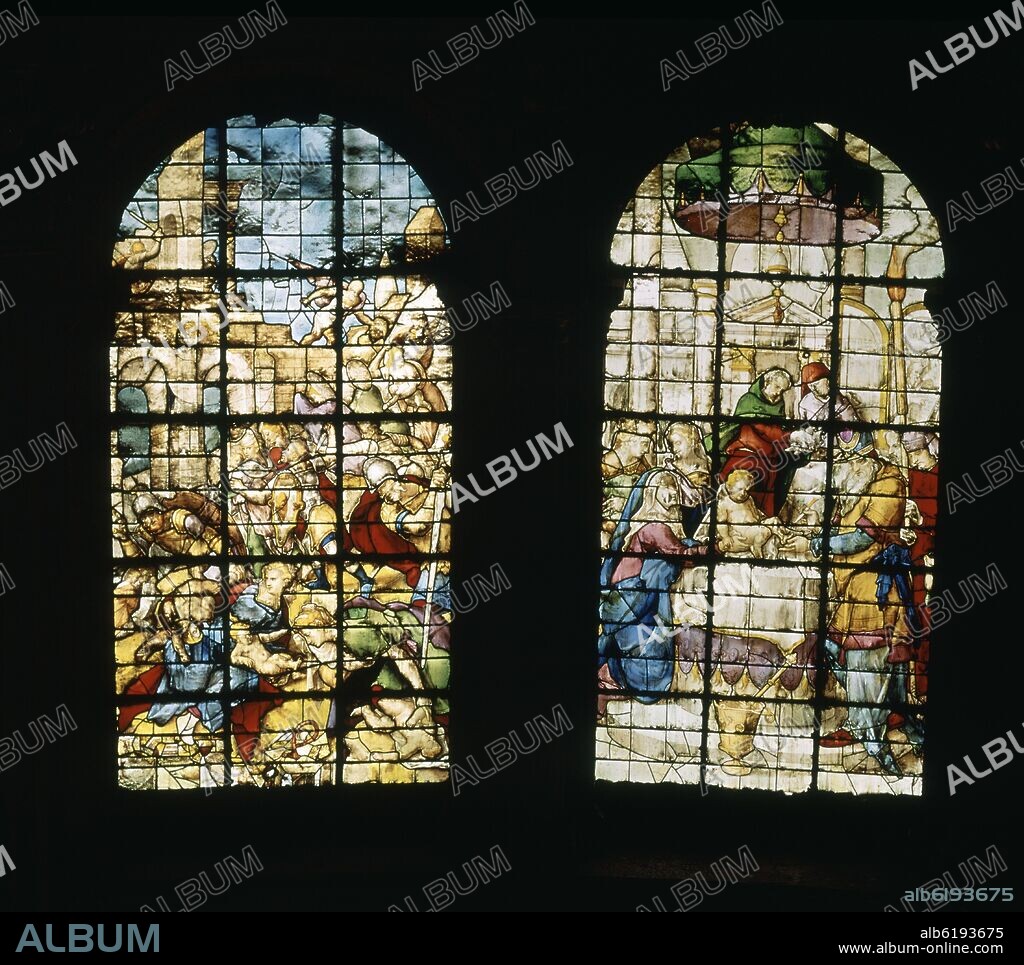 TEODORO DE HOLANDA Y JUAN DEL CAMPO-VIDRIEROS. VIDRIERA DE LA CAPILLA MAYOR DE LA CATEDRAL DE GRANADA - LA MATANZA DE LOS INOCENTES Y LA CIRCUNCISION - SIGLO XVI.