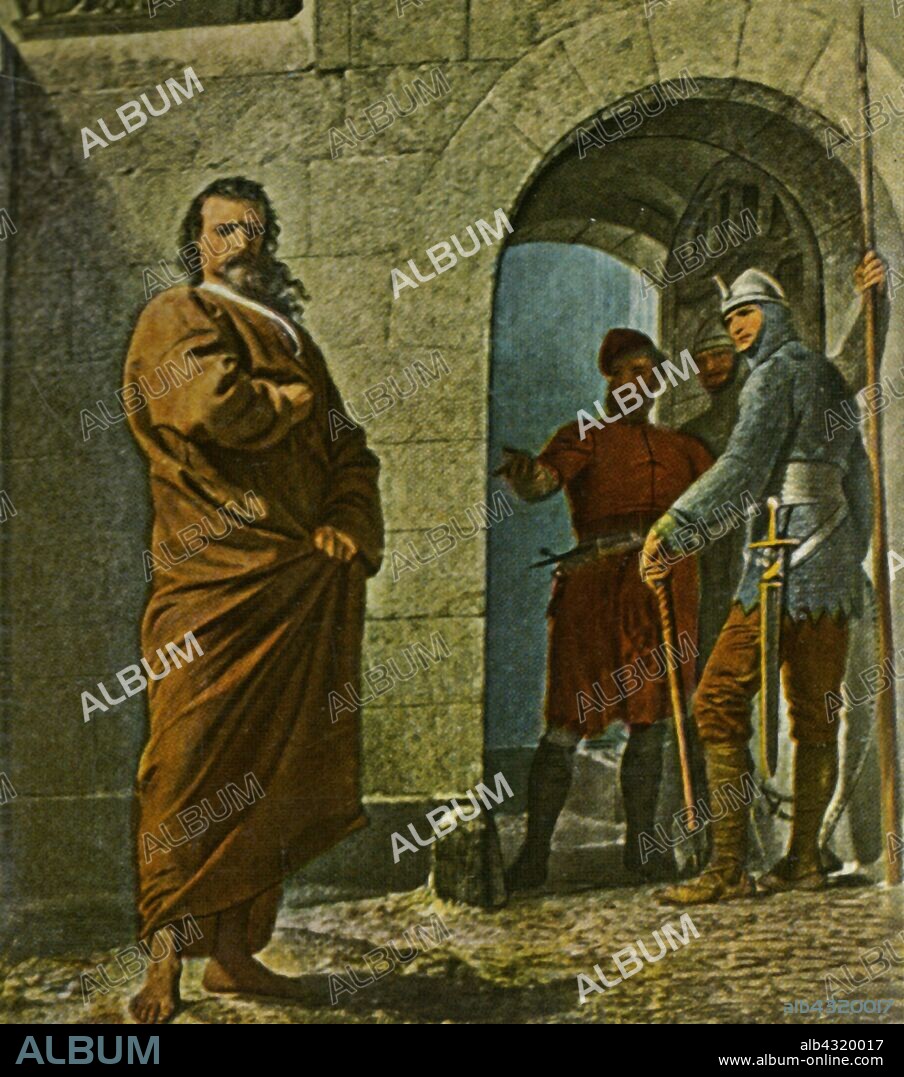 King Henry IV, (1936). 'Kaiser Heinrich IV'. Henry IV of Germany outside the gates of Canossa, Italy, in 1077. "Barefoot, clad in a hair shirt, Henry appeared before the gates, begging for admission". Henry IV (1050-1106) was King of Germany from 1056 and Holy Roman Emperor from 1084. In 1077, he performed penance outside the gates of Canossa Castle in order to persuade Pope Gregory VII to reverse his excommunication. The incident occurred during the Investiture Controversy, a conflict between church and state that broke out in 1075 and led to Germany being embroiled in civil war for almost half a century. From "Bilder Deutscher Geschichte", (Pictures of German History), No.12, cigarette card album. [Cigaretten-Bilderdienst, Altona-Bahrenfeld, Hamburg, Germany, 1936].