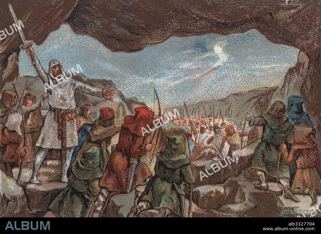 Historia de España. Batalla de Covadonga en el año 722 entre el ejército del rey astur Don Pelayo y tropas de Al-Andalus, que resultaron derrotadas; esta batalla se considera el arranque de la Reconquista.