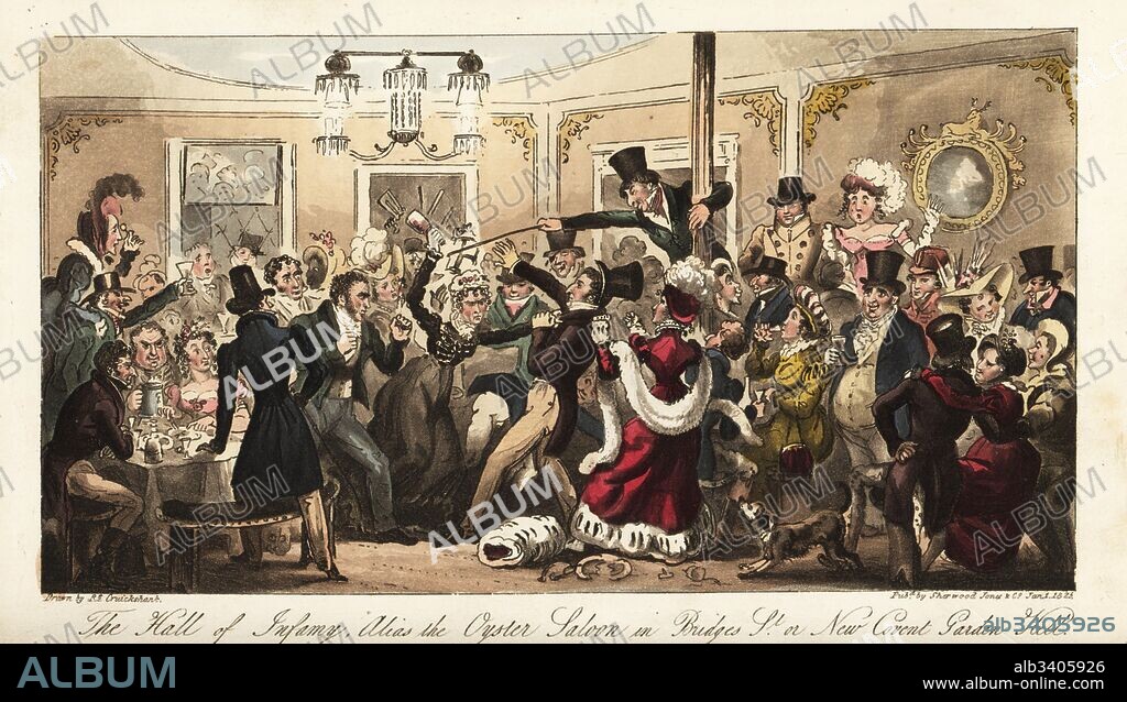 Regency gentlemen finishing the night with a fight at a notorious bar at 4AM. The Hall of Infamy, alias the Oyster Saloon in Bridges St. or New Covent Garden. Handcoloured copperplate drawn and engraved by Robert Cruikshank from The English Spy, London, 1825. Written by Bernard Blackmantle, a pseudonym for Charles Molloy Westmacott.