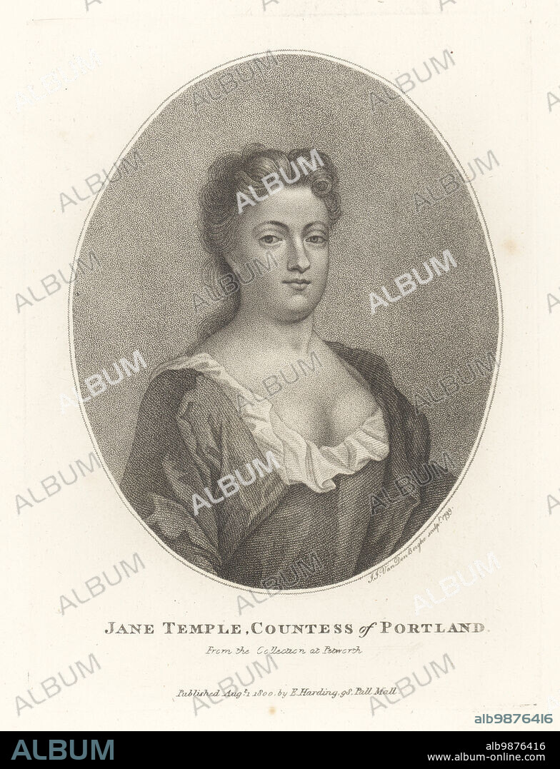 Jane Martha Temple Bentinck, Countess Portland, 1672 - 1751. Governess to King George II's daughters. Wife of Hans William Bentinck, 1st Earl of Portland. Jane Temple, Countess of Portland. From the collection at Petworth House, West Sussex. Copperplate engraving by Ignatius Joseph van den Berghe after Michael Dahl from John Adolphus The British Cabinet, containing Portraits of Illustrious Personages, printed by T. Bensley for E. Harding, 98 Pall Mall, London, 1800.