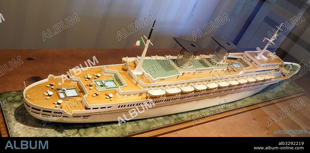 Model of the SS Michelangelo; an Italian ocean liner built in 1965 for Italian Line by Ansaldo Shipyards, Genoa. She was one of the last ships to be built primarily for liner service across the North Atlantic.
